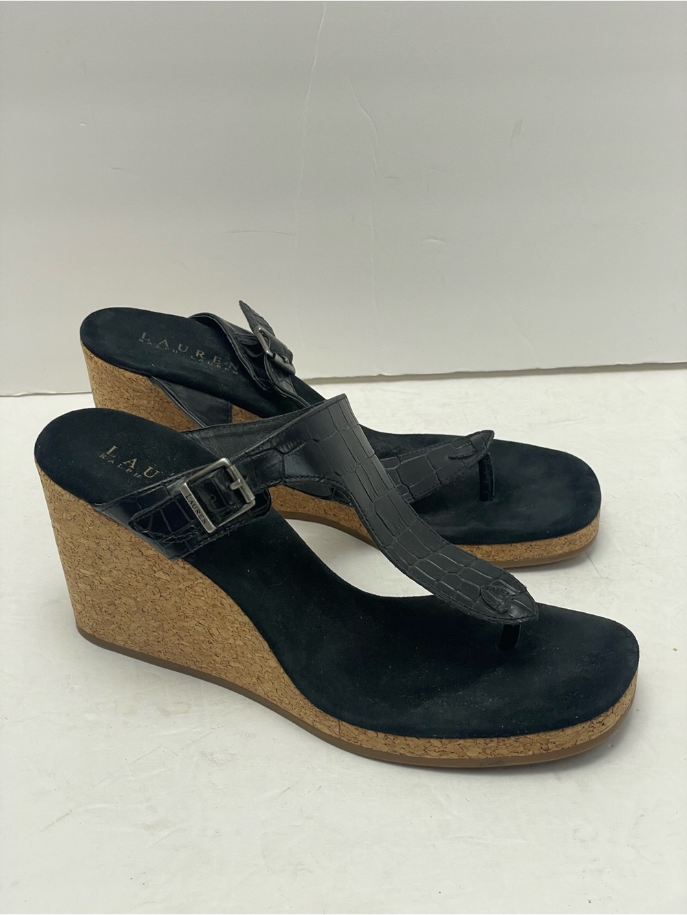 Lauren Ralph Lauren size 8.5 black cork wedge Sandals t strap leather buckle
